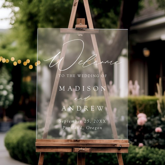 Modern Elegant White Script Wedding Welcome Acrylic Sign (Creator Uploaded)