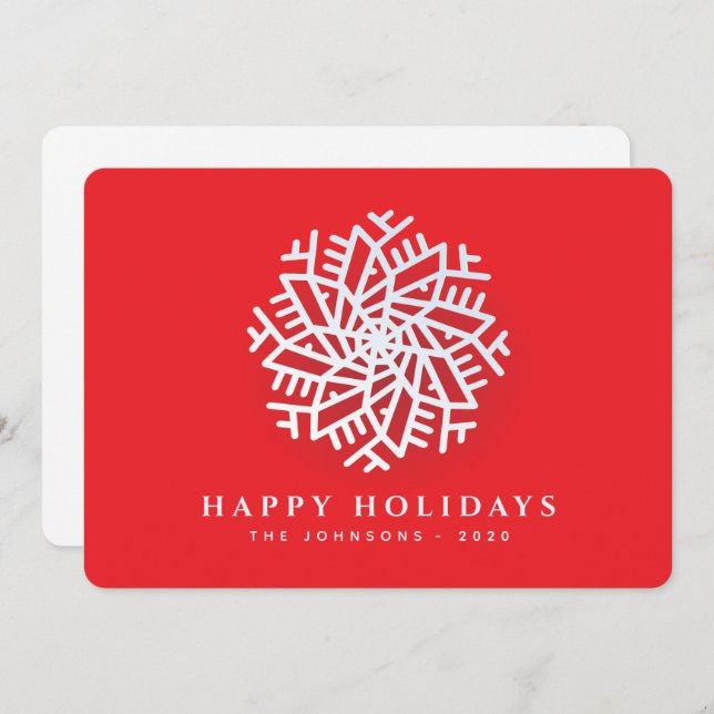 Modern Elegant White Snow Flake on Red Holiday Card (Front/Back)