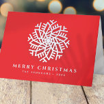 Modern Elegant White Snow Flake on Red Holiday Card<br><div class="desc">Design is composed of a modern white snow on red background with a holiday greeting written in serif typography. Add family name and year.

Available here:
http://www.zazzle.com/store/selectpartysupplies</div>