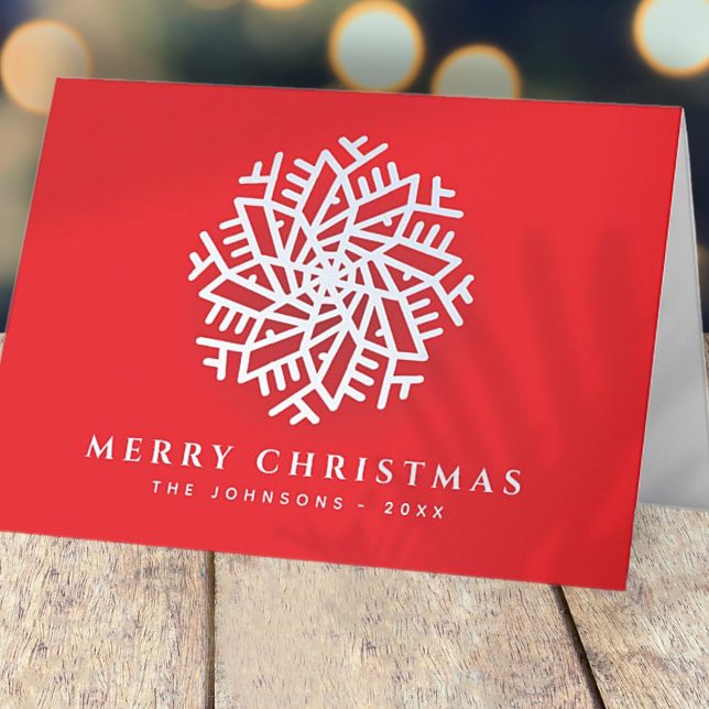 Modern Elegant White Snow Flake on Red Holiday Card (Creator Uploaded)
