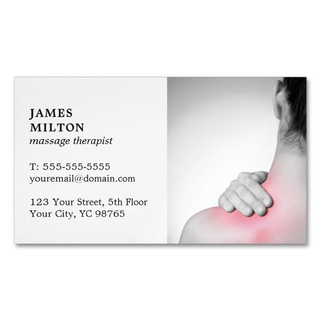 Modern Elegant Whitw Photo Massage Therapist Magnetic Business Card (Front)