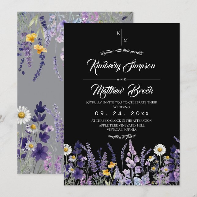 Modern & Elegant Wildflower Rustic Black Wedding Invitation (Front/Back)