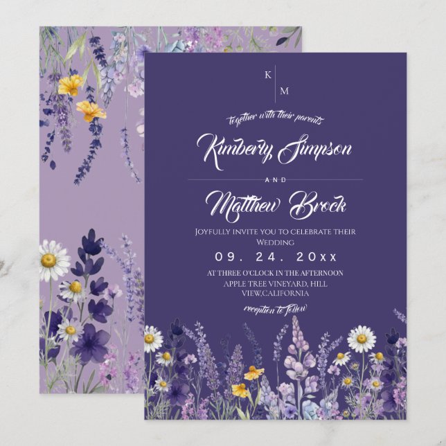 Modern & Elegant Wildflower Rustic Purple Wedding Invitation (Front/Back)