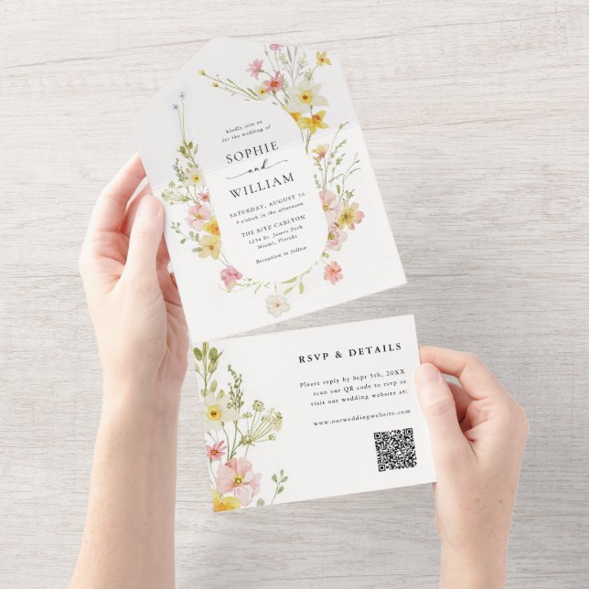 Modern Elegant Wildflower Spring Summer Wedding All In One Invitation (Tearaway)