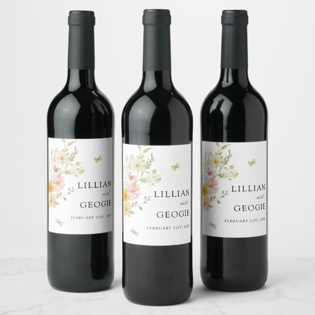 Modern Elegant Wildflower Spring Summer Wedding  Wine Label (Bottles)