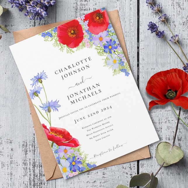 Modern Elegant Wildflower Wedding Invitation (Modern wildflower red poppy blue cornflower watercolor wedding invitation )