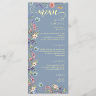 Modern Elegant Wildflowers Dusty Blue Wedding  Menu