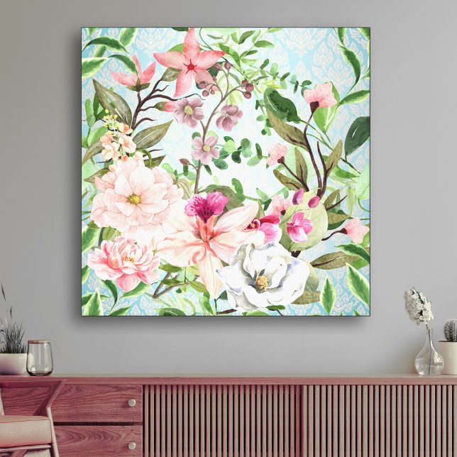 Modern Elegant Wildflowers On Damask Background Canvas Print (Creator Uploaded)
