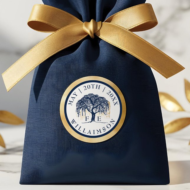 Modern Elegant Willow Tree Navy Blue Gold Wedding Classic Round Sticker (Modern Elegant Willow Tree Navy Blue Gold Wedding Classic Round Sticker)