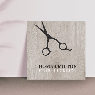 Modern Elegant Wooden Black Scissor Hair Stylist Square Business Card