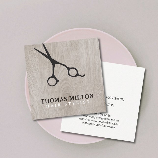 Modern Elegant Wooden Black Scissor Hair Stylist Square Business Card (Creator Uploaded)