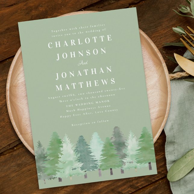 Modern Elegant Woodland Forest Sage Green Wedding Invitation (Modern watercolor Woodland evergreen forest sage green wedding invitation elegant typography)