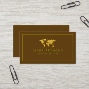 Modern Elegant World Map Brown Business Card