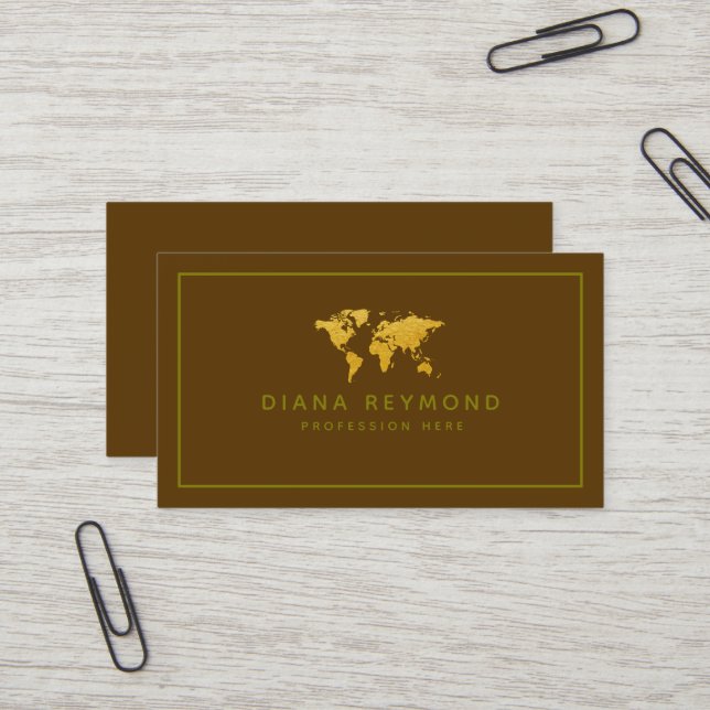 Modern Elegant World Map Brown Business Card (Front/Back In Situ)