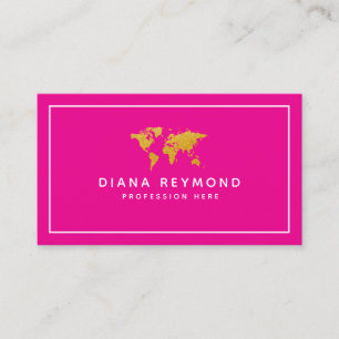 Modern Elegant World Map Hot Pink Business Card