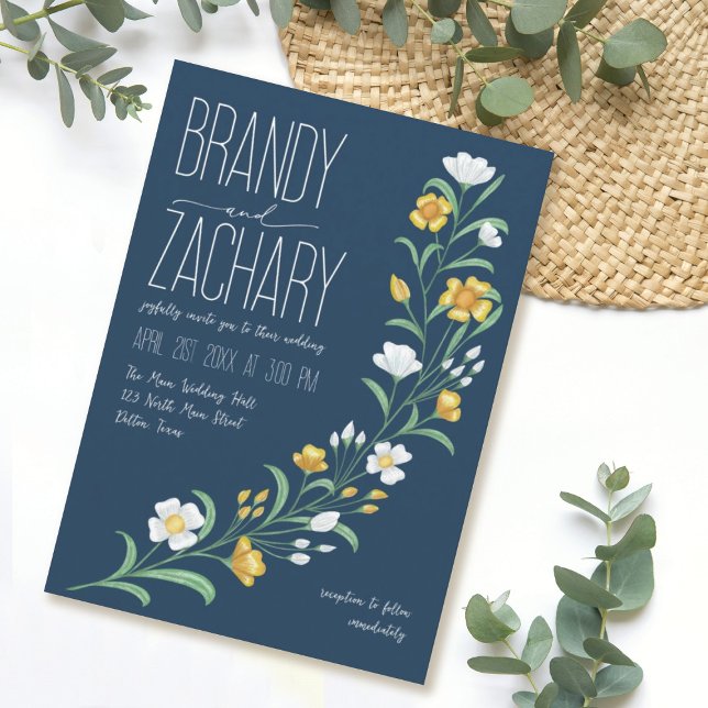 Modern Elegant Yellow Blue Sweeping Floral Wedding Invitation (Creator Uploaded)