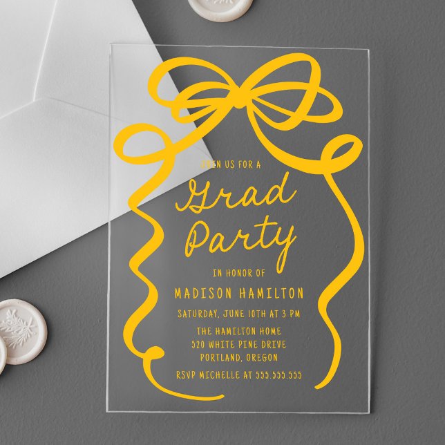 Modern Elegant Yellow Bow Graduation Party Acrylic Invitations (Creator Uploaded)