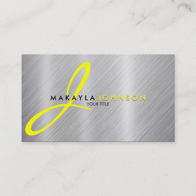 Modern & Elegant yellow Monogram Brushed Aluminium Business Card (Front)