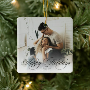 Modern Elegent Simple Merry Christmas Script Photo Ceramic Ornament