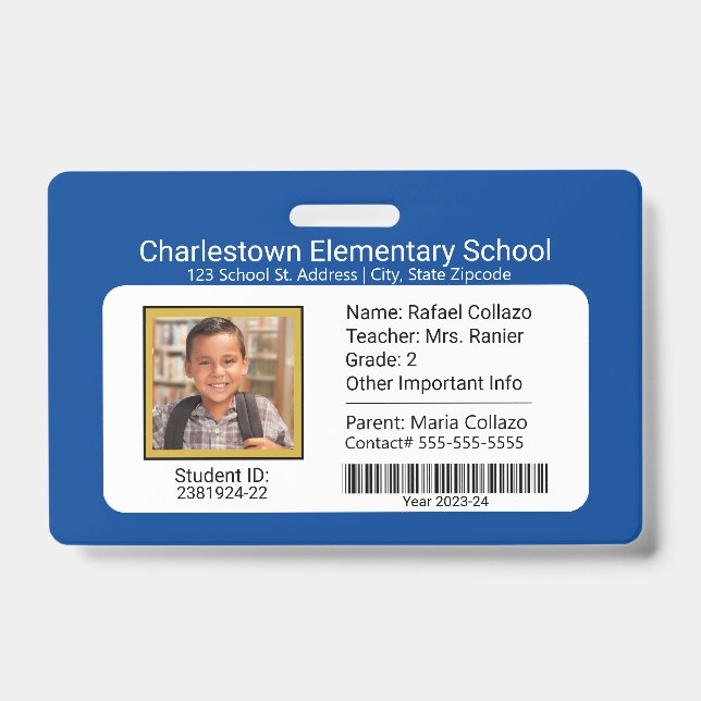 Modern Elementary School Student ID Badge blue (Front)