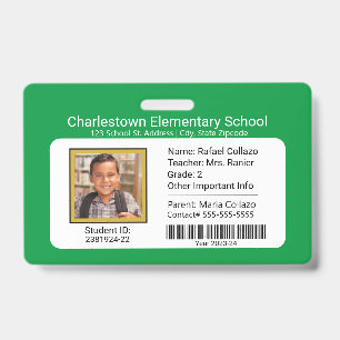 Modern Elementary School Student ID Badge Green