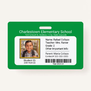 Modern Elementary School Student ID Badge Green