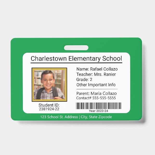 Modern Elementary School Student ID Badge Green (Front)