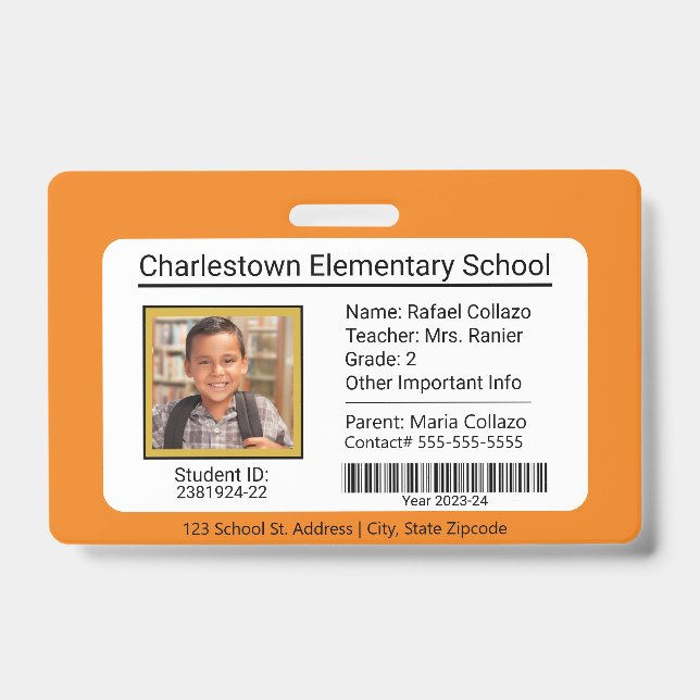 Modern Elementary School Student ID Badge Orange (Front)