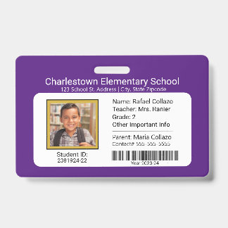 Modern Elementary School Student ID Badge Purple