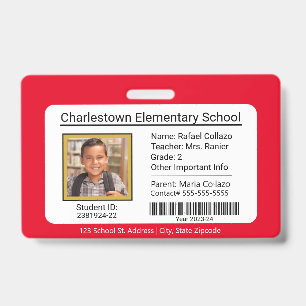 Modern Elementary School Student ID Badge red