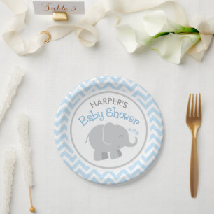 Modern Elephant Baby Boy Shower Blue and Grey Paper Plate