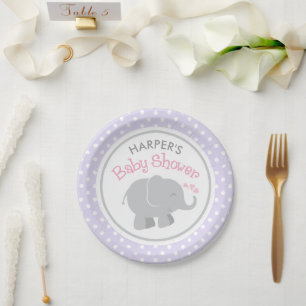 Modern Elephant Baby Girl Shower Pink and Purple Paper Plate