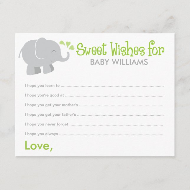 Modern Elephant Baby Shower Green and Grey Advice Card (Front)