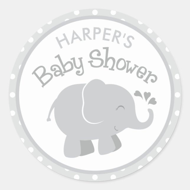 Modern Elephant Baby Shower Grey and White Classic Round Sticker (Front)