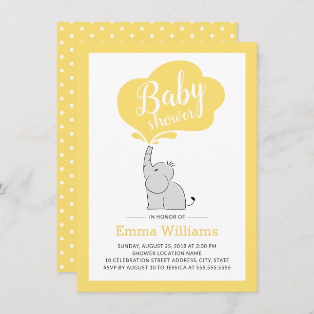 Modern Elephant Baby Shower Invitation | Yellow (Front/Back)