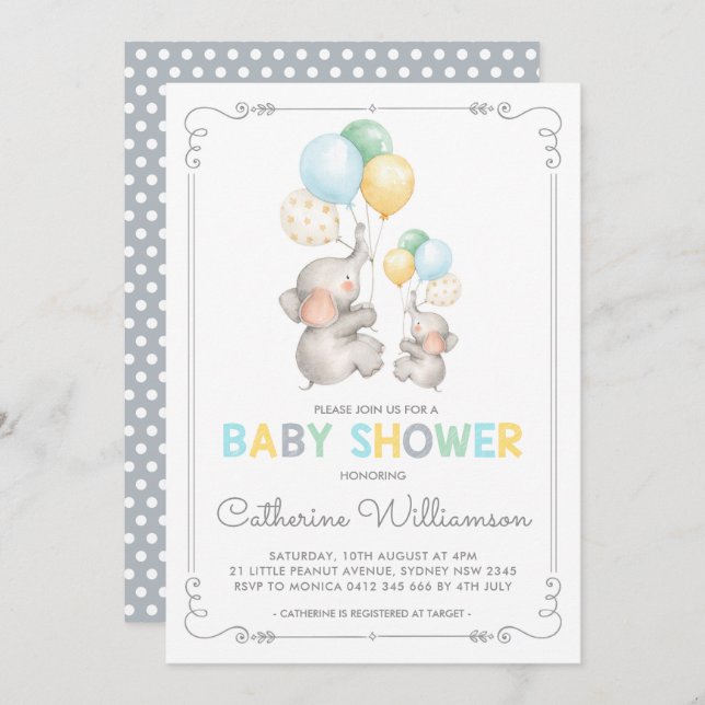 Modern Elephant Baby Shower Minimalist Jungle Boy Invitation (Front/Back)