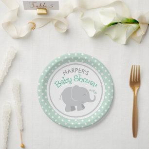 Modern Elephant Baby Shower Mint Green and Grey Paper Plate