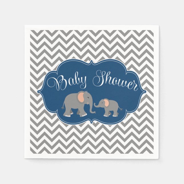 Modern Elephant Chevron Navy Blue Grey Baby Shower Napkin (Front)