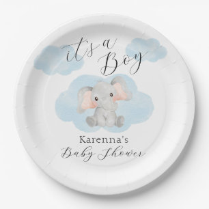 Modern Elephant Clouds It's A Boy Baby Shower Paper Plate