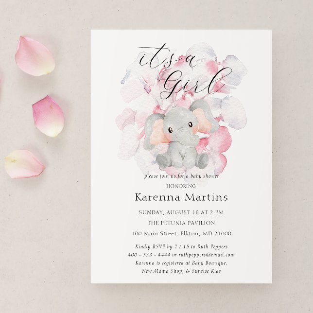 Modern Elephant Floral It's a Girl Baby Shower Invitation (Creator Uploaded)