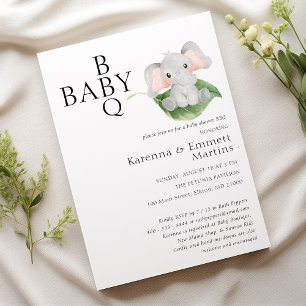 Modern Elephant Greenery BBQ Baby Shower Invitation