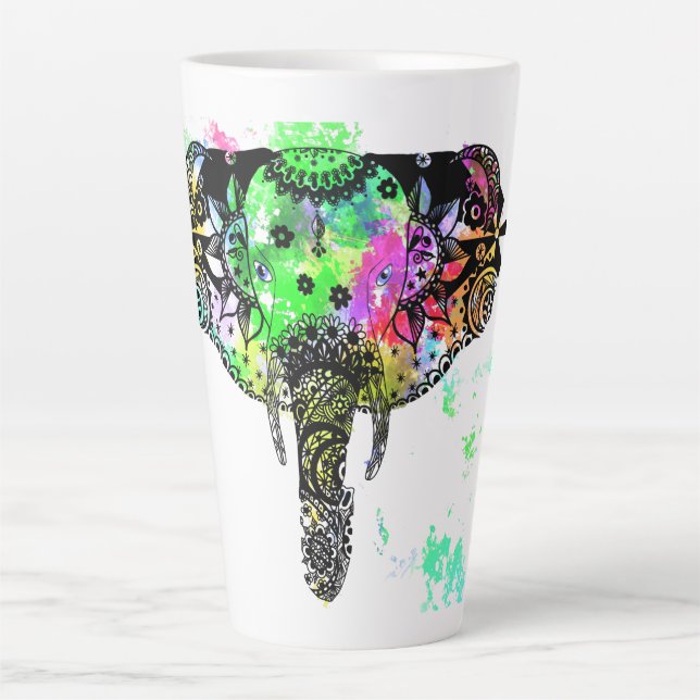Modern elephant mandala rainbow paint splatter latte mug (Front)