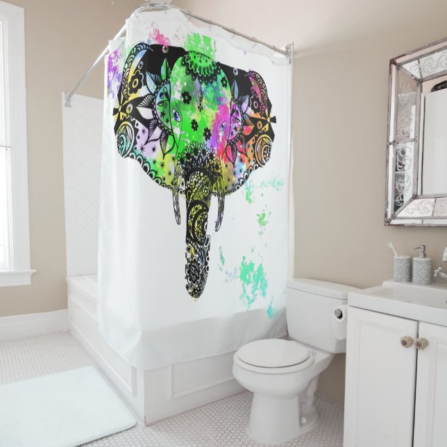 Modern elephant mandala rainbow paint splatter shower curtain (In Situ)