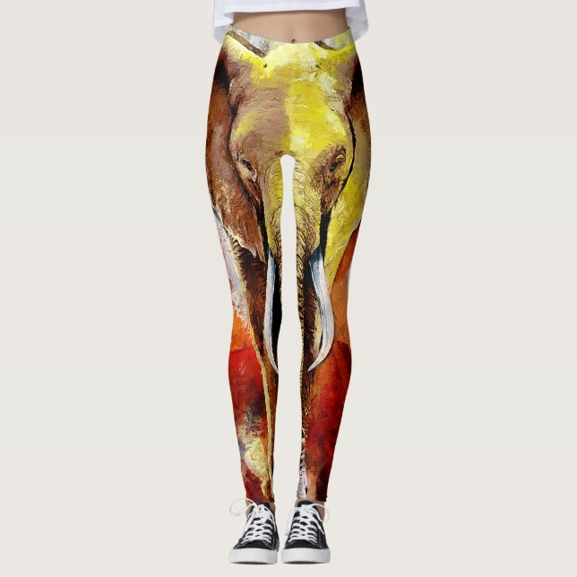 Modern Elephant Oil Painting Abstract Leggings (Front)
