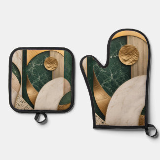 Modern Emerald and Beige Abstract Oven Mitt and Po & Pot Holder Set