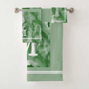 Modern Emerald And Sage Green Marble Monogrammed Bath Towel Set