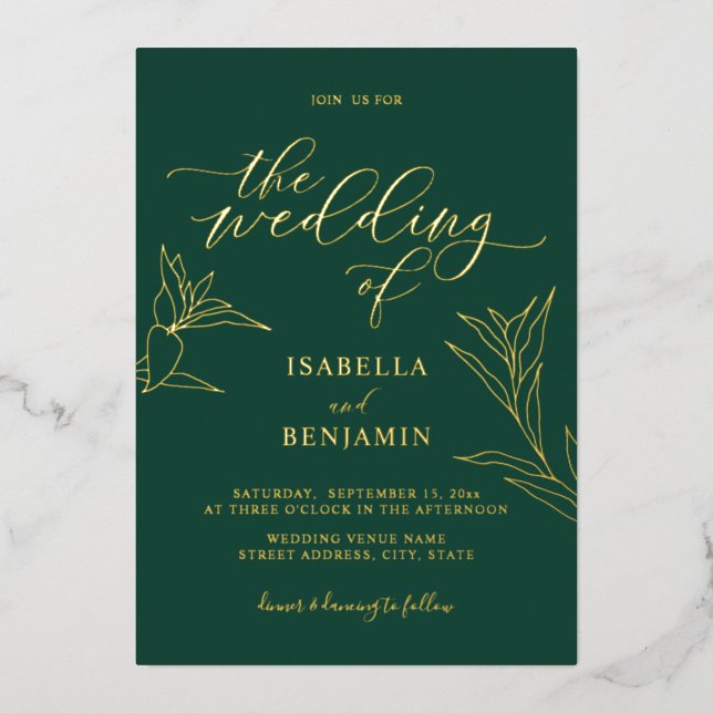 Modern Emerald Gold Calligraphy Botanical Wedding (Front)