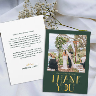 Modern Emerald Gold Photo Wedding Thank You Card