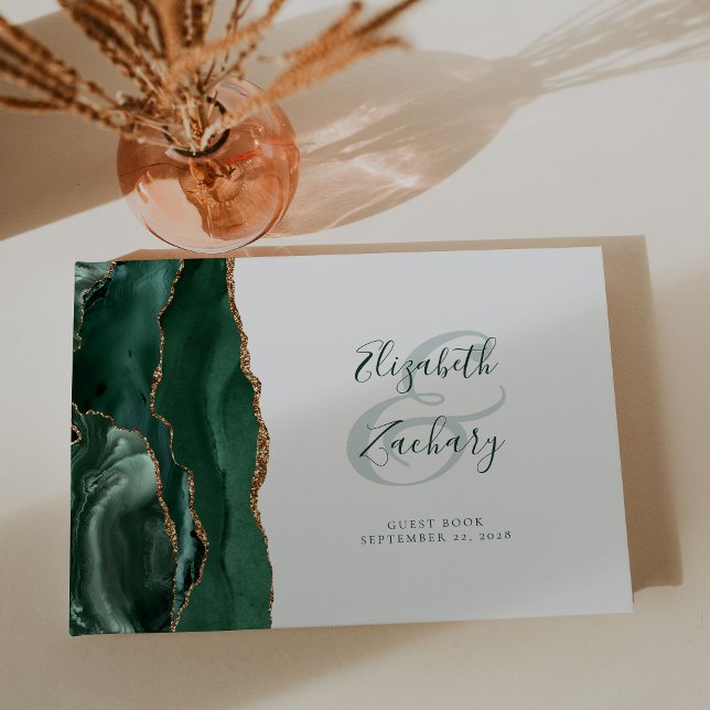 Modern Emerald Green Agate Gold Script Guest Book (Creator Uploaded)