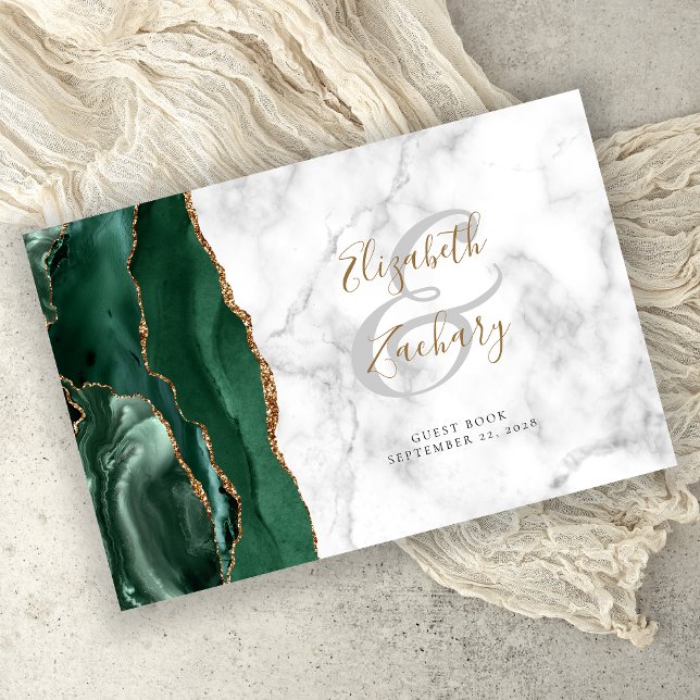 Modern Emerald Green Agate Gold Script Marble Guest Book (Creator Uploaded)